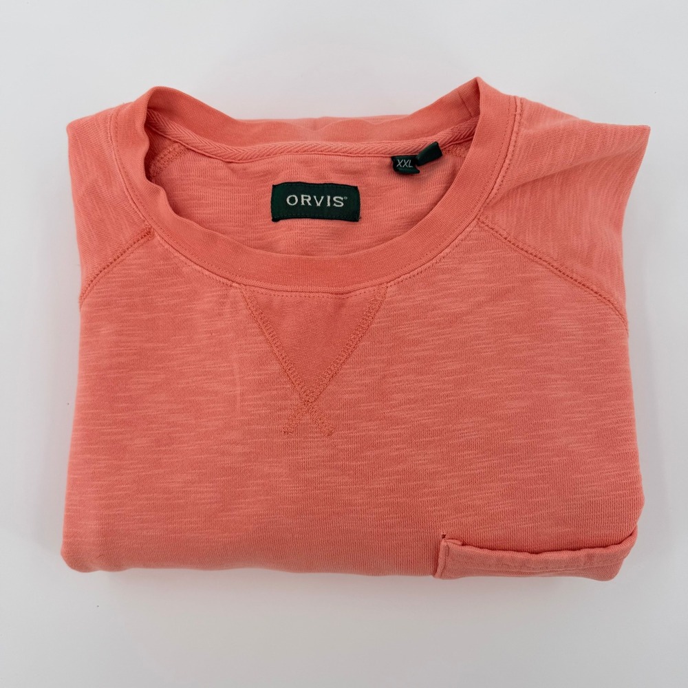 Orvis Mens XXL Salmon Pink Slub Knit Cotton Crewneck Sweatshirt Raglan Pocket